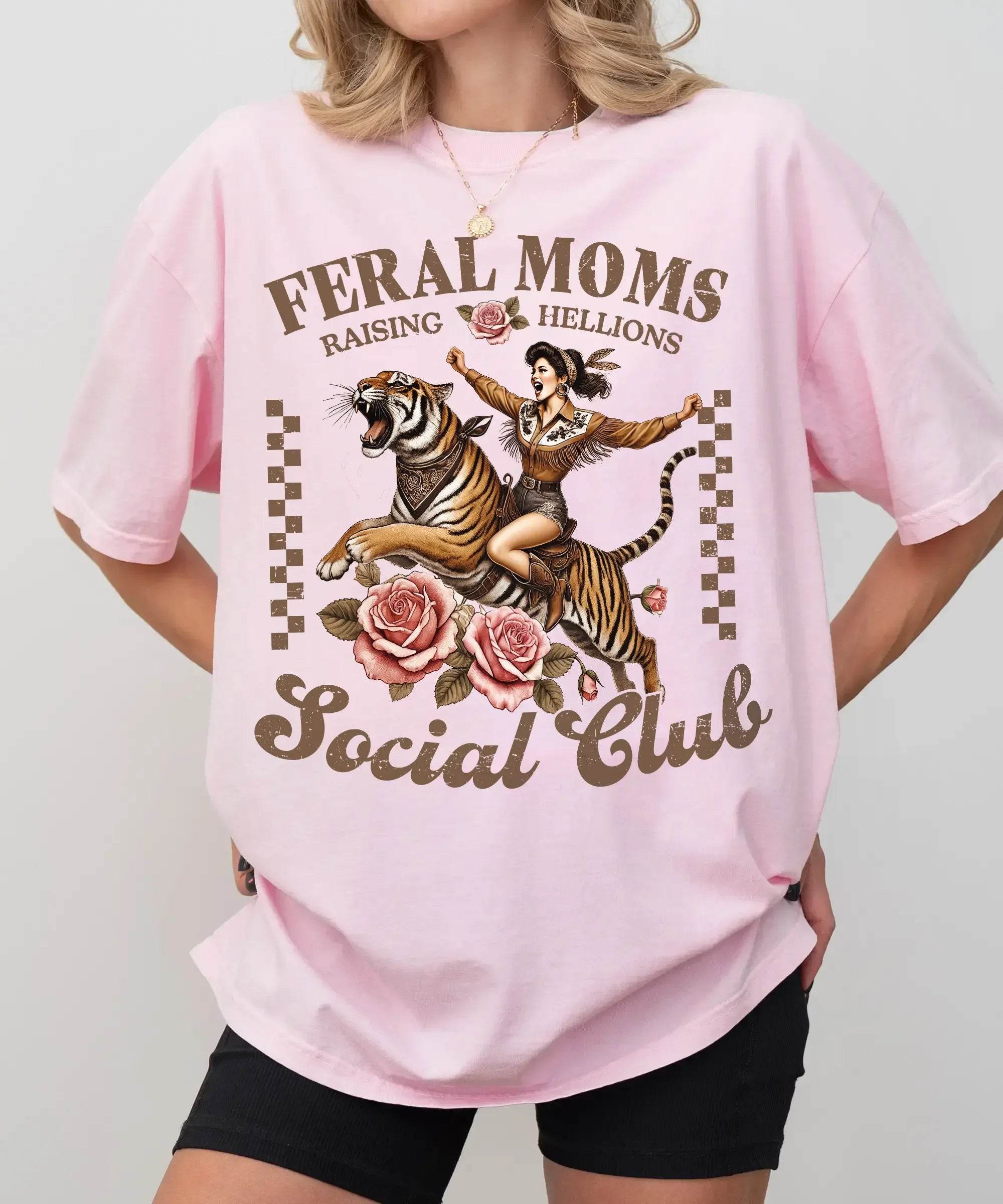 Feral Moms Social Club Shirt – Retro Tiger Comfort Colors Tee for Moms - Woven Mama
