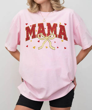 Red Glitter Mama T-Shirt – Gold Bow Comfort Colors Tee - Woven Mama