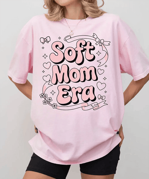 Soft Mom Era Comfort Colors® T-Shirt – Pink Bubble Letters with Hearts, Ribbons & Bows Mom Shirt - Woven Mama
