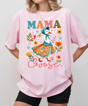 Mama Goose T-Shirt – Whimsical Floral Comfort Colors Tee for Moms - Woven Mama