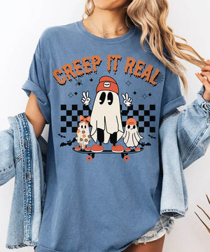 Retro Creep It Real Halloween Comfort Colors T-Shirt or Crewneck Sweatshirt – Cute Ghost Skateboard Shirt - Woven Mama