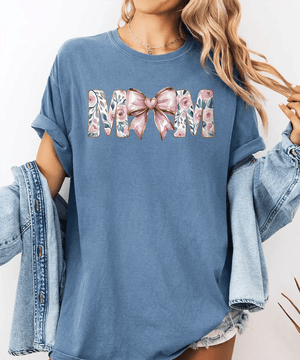 MAMA Comfort Colors® T-Shirt – Floral Letters with Pink Bow & Heart Mom Shirt - Woven Mama