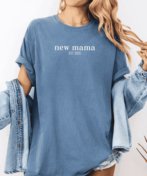 Custom New Mama Comfort Colors® T-Shirt – Minimalist Est. Year Personalized Mom Shirt - Woven Mama