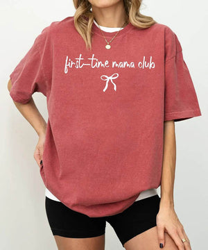 First-Time Mama Club Comfort Colors® T-Shirt – New Mom Bow Tee - Woven Mama