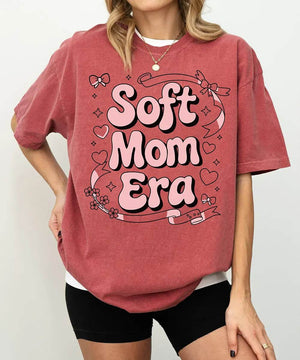 Soft Mom Era Comfort Colors® T-Shirt – Pink Bubble Letters with Hearts, Ribbons & Bows Mom Shirt - Woven Mama