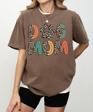 Dog Mom Comfort Colors® T-Shirt – Retro Leopard Letters with Paw Print - Woven Mama