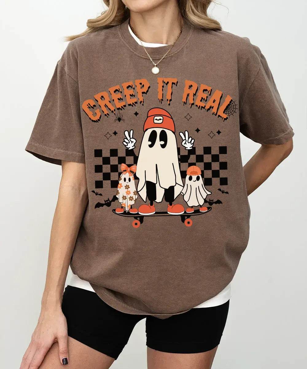 Retro Creep It Real Halloween Comfort Colors T-Shirt or Crewneck Sweatshirt – Cute Ghost Skateboard Shirt - Woven Mama
