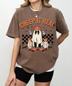 Retro Creep It Real Halloween Comfort Colors T-Shirt or Crewneck Sweatshirt – Cute Ghost Skateboard Shirt - Woven Mama