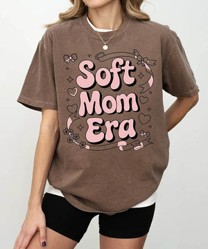 Soft Mom Era Comfort Colors® T-Shirt – Pink Bubble Letters with Hearts, Ribbons & Bows Mom Shirt - Woven Mama