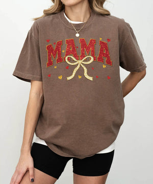 Red Glitter Mama T-Shirt – Gold Bow Comfort Colors Tee - Woven Mama