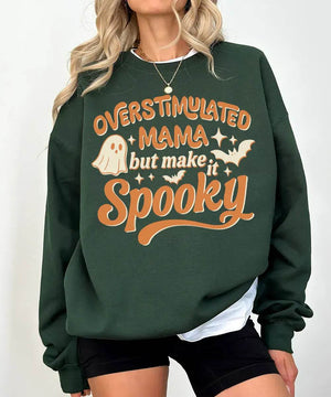Overstimulated Mama But Make It Spooky Comfort Colors T-Shirt or Crewneck Sweatshirt – Halloween Mom Shirt - Woven Mama