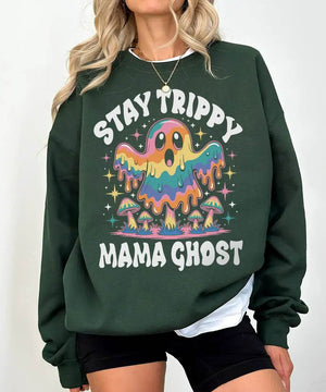 Stay Trippy Mama Ghost Comfort Colors T-Shirt or Crewneck Sweatshirt – Psychedelic Halloween Mom Shirt - Woven Mama