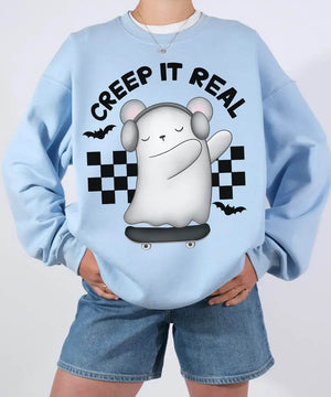 Creep It Real Halloween Comfort Colors T-Shirt or Crewneck Sweatshirt – Cute Ghost Skateboard Tee - Woven Mama