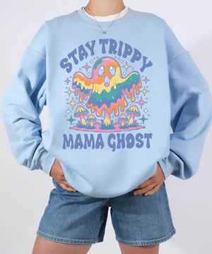Stay Trippy Mama Ghost Comfort Colors T-Shirt or Crewneck Sweatshirt – Psychedelic Halloween Mom Shirt - Woven Mama