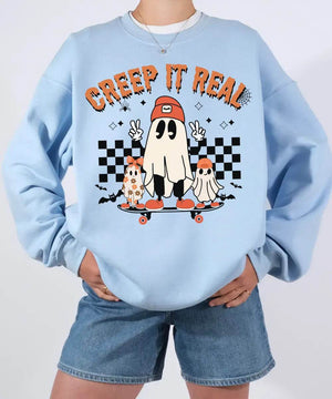 Retro Creep It Real Halloween Comfort Colors T-Shirt or Crewneck Sweatshirt – Cute Ghost Skateboard Shirt - Woven Mama