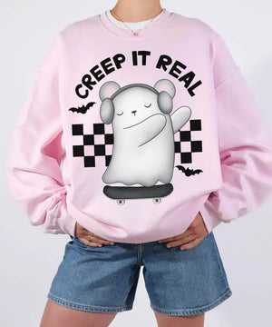 Creep It Real Halloween Comfort Colors T-Shirt or Crewneck Sweatshirt – Cute Ghost Skateboard Tee - Woven Mama