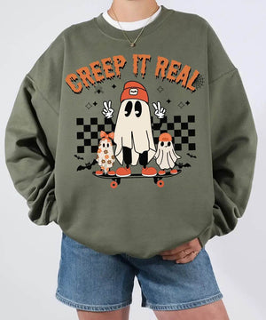 Retro Creep It Real Halloween Comfort Colors T-Shirt or Crewneck Sweatshirt – Cute Ghost Skateboard Shirt - Woven Mama