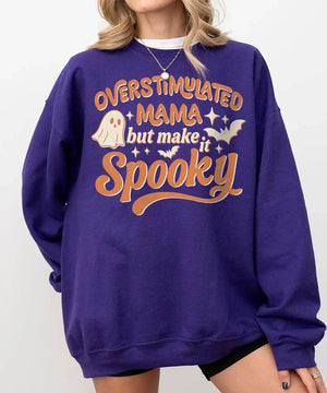 Overstimulated Mama But Make It Spooky Comfort Colors T-Shirt or Crewneck Sweatshirt – Halloween Mom Shirt - Woven Mama