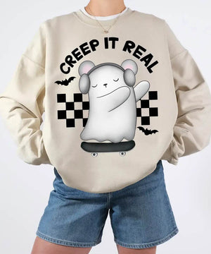 Creep It Real Halloween Comfort Colors T-Shirt or Crewneck Sweatshirt – Cute Ghost Skateboard Tee - Woven Mama