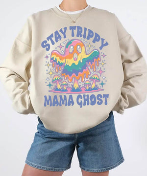 Stay Trippy Mama Ghost Comfort Colors T-Shirt or Crewneck Sweatshirt – Psychedelic Halloween Mom Shirt - Woven Mama