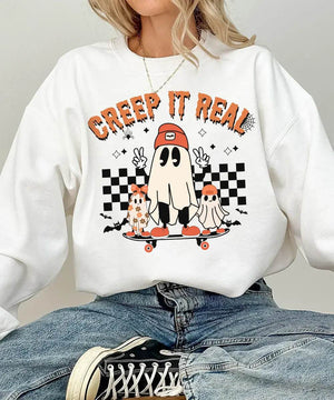 Retro Creep It Real Halloween Comfort Colors T-Shirt or Crewneck Sweatshirt – Cute Ghost Skateboard Shirt - Woven Mama