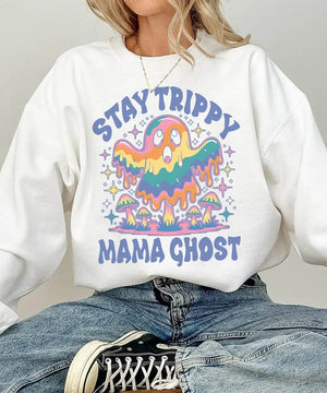 Stay Trippy Mama Ghost Comfort Colors T-Shirt or Crewneck Sweatshirt – Psychedelic Halloween Mom Shirt - Woven Mama