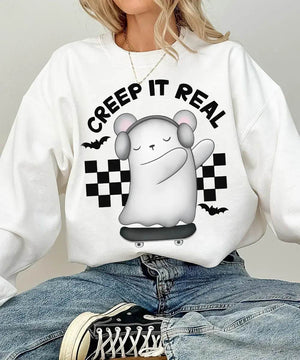 Creep It Real Halloween Comfort Colors T-Shirt or Crewneck Sweatshirt – Cute Ghost Skateboard Tee - Woven Mama