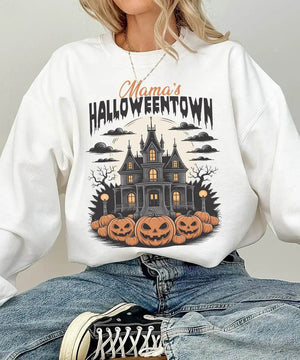 Mama’s Halloweentown Comfort Colors T-Shirt or Crewneck Sweatshirt – Haunted House Pumpkin Halloween Mom Shirt - Woven Mama