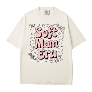 Soft Mom Era Comfort Colors® T-Shirt – Pink Bubble Letters with Hearts, Ribbons & Bows Mom Shirt - Woven Mama