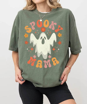 Spooky Mama Ghost Comfort Colors T-Shirt or Crewneck Sweatshirt – Retro Halloween Mom Shirt - Woven Mama