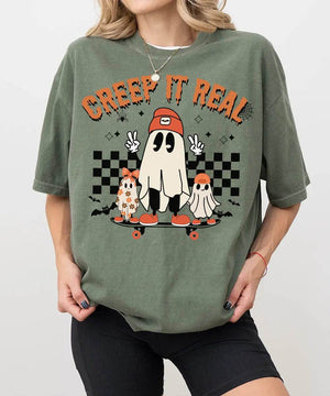 Retro Creep It Real Halloween Comfort Colors T-Shirt or Crewneck Sweatshirt – Cute Ghost Skateboard Shirt - Woven Mama