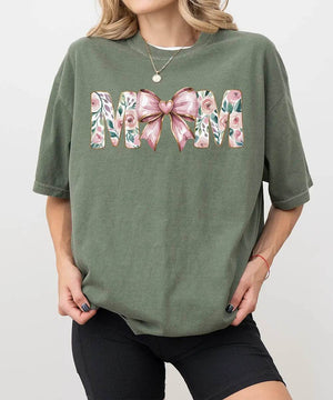MAMA Comfort Colors® T-Shirt – Floral Letters with Pink Bow & Heart Mom Shirt - Woven Mama