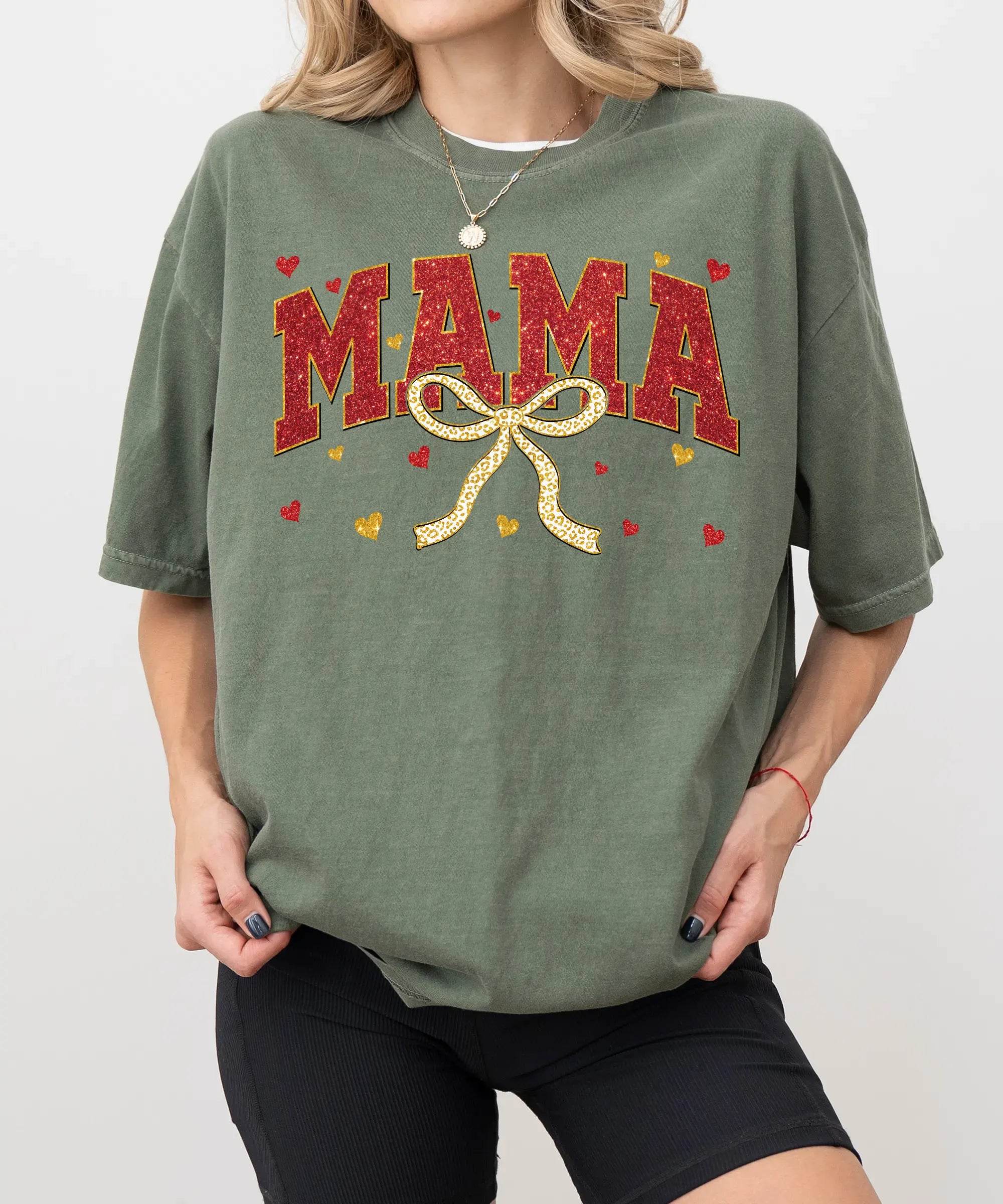 Red Glitter Mama T-Shirt – Gold Bow Comfort Colors Tee - Woven Mama