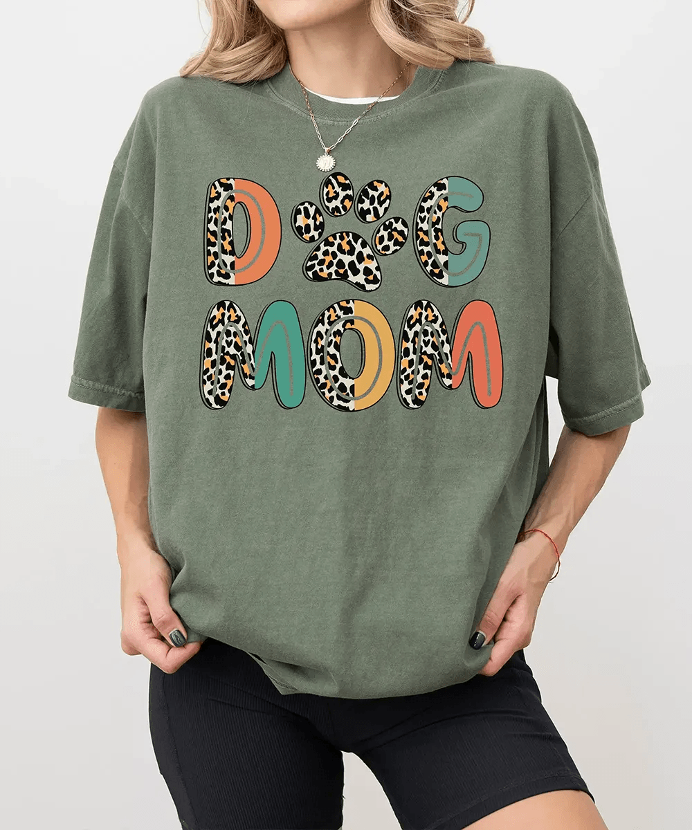 Dog Mom Comfort Colors® T-Shirt – Retro Leopard Letters with Paw Print - Woven Mama
