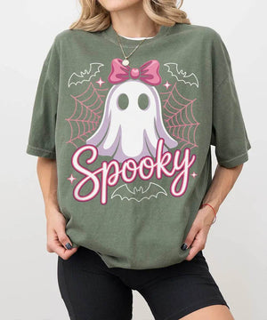 Spooky Ghost Mama Comfort Colors T-Shirt or Sweatshirt – Cute Halloween Pink Bow Ghost Shirt - Woven Mama