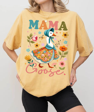Mama Goose T-Shirt – Whimsical Floral Comfort Colors Tee for Moms - Woven Mama