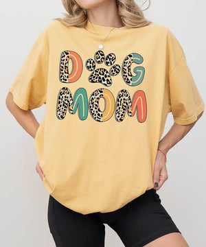 Dog Mom Comfort Colors® T-Shirt – Retro Leopard Letters with Paw Print - Woven Mama