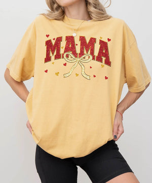 Red Glitter Mama T-Shirt – Gold Bow Comfort Colors Tee - Woven Mama