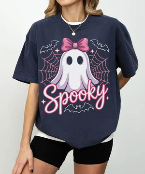 Spooky Ghost Mama Comfort Colors T-Shirt or Sweatshirt – Cute Halloween Pink Bow Ghost Shirt - Woven Mama