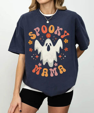 Spooky Mama Ghost Comfort Colors T-Shirt or Crewneck Sweatshirt – Retro Halloween Mom Shirt - Woven Mama