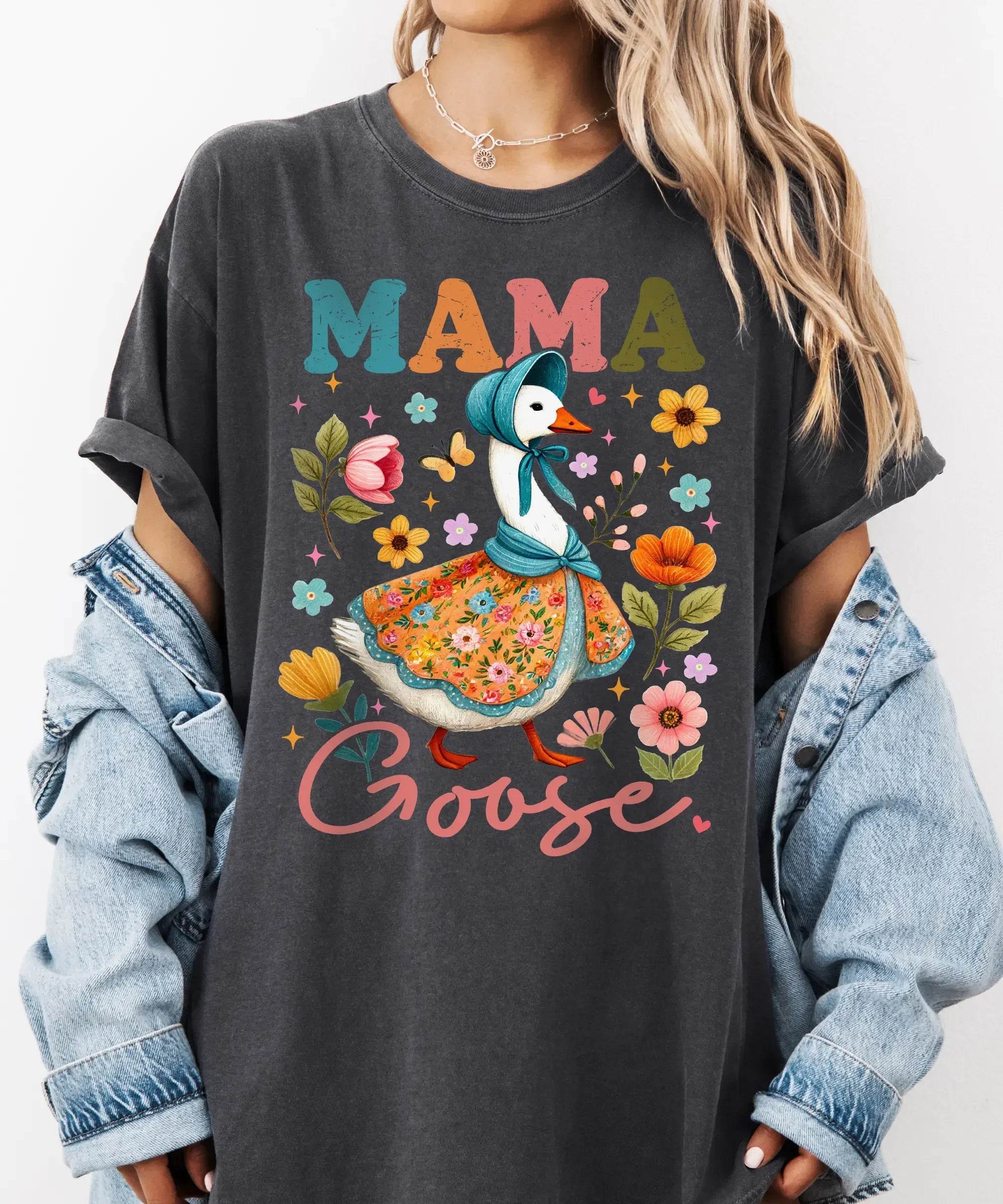 Mama Goose T-Shirt – Whimsical Floral Comfort Colors Tee for Moms - Woven Mama