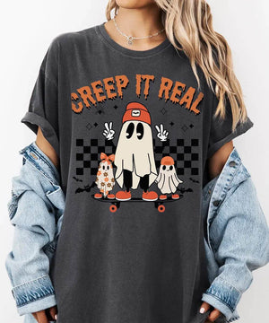 Retro Creep It Real Halloween Comfort Colors T-Shirt or Crewneck Sweatshirt – Cute Ghost Skateboard Shirt - Woven Mama