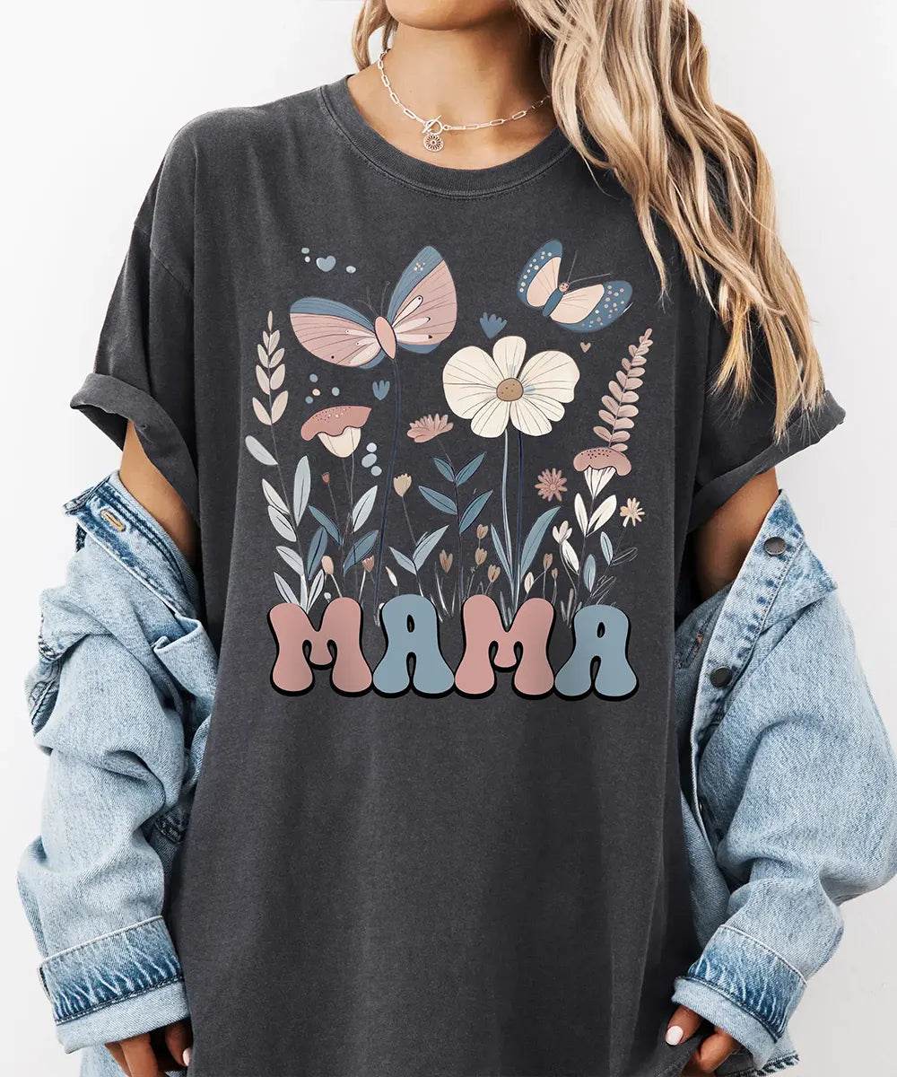 MAMA Comfort Colors® T-Shirt – Butterfly & Wildflower Mom Shirt - Woven Mama