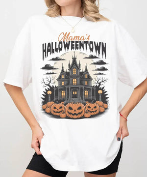 Mama’s Halloweentown Comfort Colors T-Shirt or Crewneck Sweatshirt – Haunted House Pumpkin Halloween Mom Shirt - Woven Mama