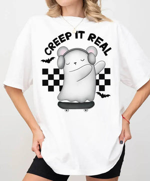 Creep It Real Halloween Comfort Colors T-Shirt or Crewneck Sweatshirt – Cute Ghost Skateboard Tee - Woven Mama
