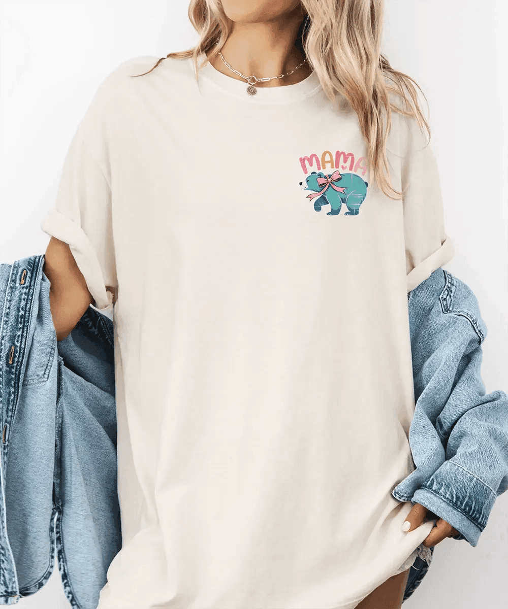 MAMA Comfort Colors® T-Shirt – Bear with Bow Pocket Print Mom Shirt - Woven Mama