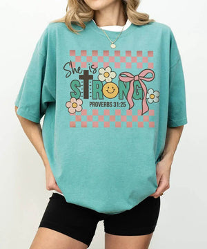 Retro She Is Strong Proverbs 31:25 Shirt – Christian Faith Tee or Sweatshirt for Women - Woven Mama