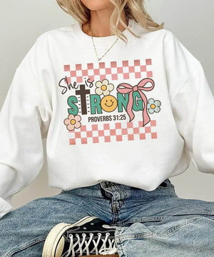 Retro She Is Strong Proverbs 31:25 Shirt – Christian Faith Tee or Sweatshirt for Women - Woven Mama