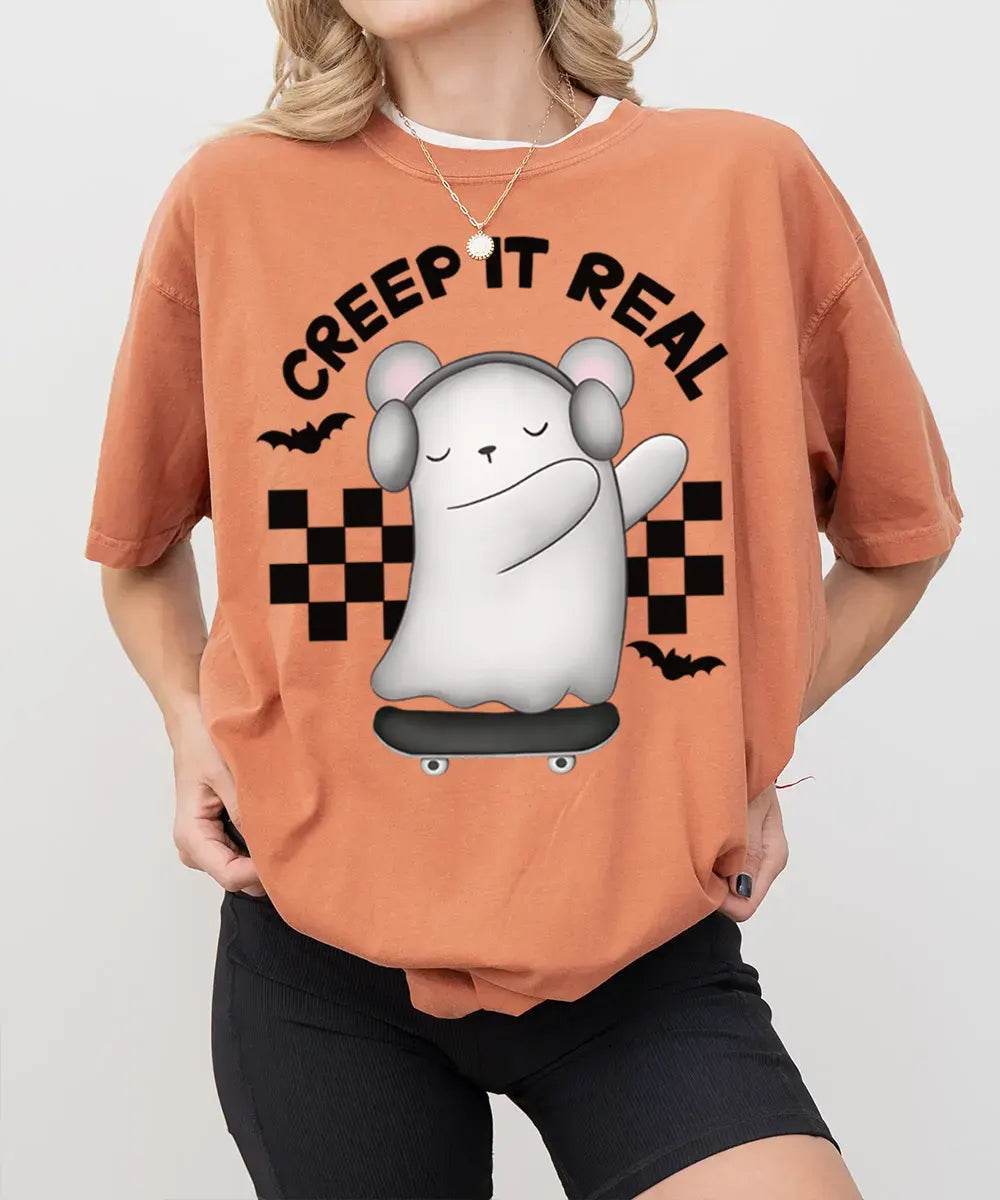 Creep It Real Halloween Comfort Colors T-Shirt or Crewneck Sweatshirt – Cute Ghost Skateboard Tee - Woven Mama
