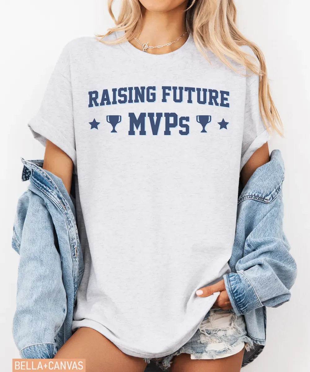 Raising Future MVPs T-Shirt – Sports Mom Tee in Bella+Canvas & Comfort Colors - Woven Mama